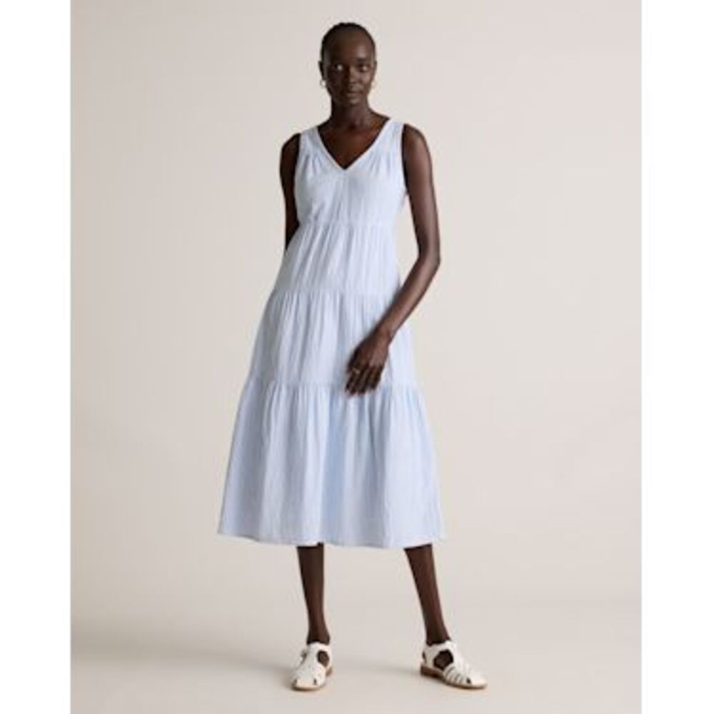 Quince Women 100% Organic Cotton Gauze Tiered Maxi Dress Blue S